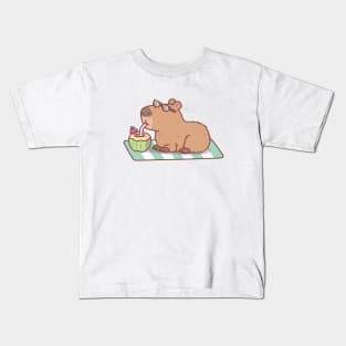 Cute Chill Capybara Drinking Coconut Water Kids T-Shirt